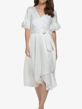 DKNY Ivory Wrap Maxi Dress with Flutter Sleeves